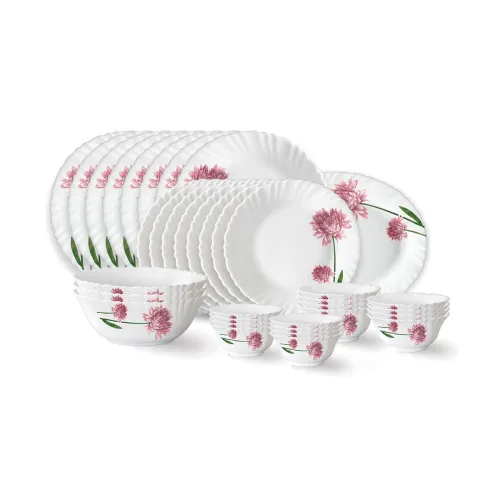 Image of Larah by Borosil Nargis Fluted Series Opalware Dinner Set | 36 Pieces for Family of 8 | Microwave & Dishwasher Safe | Bo