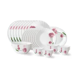 Larah by Borosil Nargis Fluted Series Opalware Dinner Set | 36 Pieces for Family of 8 | Microwave & Dishwasher Safe | Bo