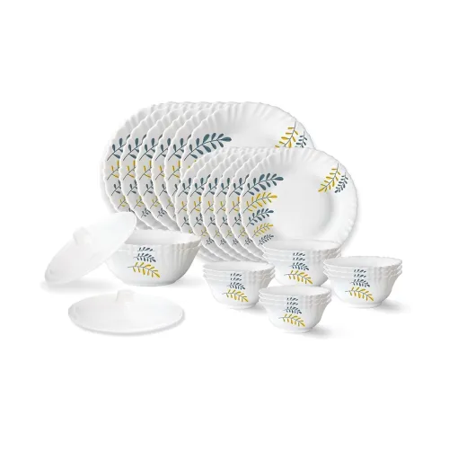 Image of Larah by Borosil Niva Fluted Series Opalware Dinner Set | 28 Pieces for Family of 6 | Microwave & Dishwasher Safe | Bone