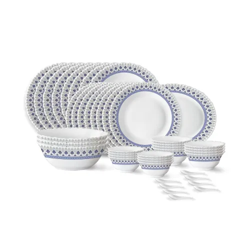 Image of Larah by Borosil Ocean Fluted Series Opalware Dinner Set | 44 Pieces for Family of 8 | Microwave & Dishwasher Safe | Bon