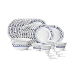Larah by Borosil Ocean Fluted Series Opalware Dinner Set | 44 Pieces for Family of 8 | Microwave & Dishwasher Safe | Bon