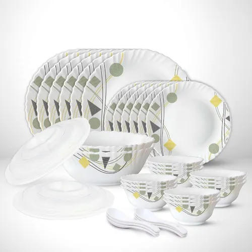 Image of Larah by Borosil Pack of 34 Opalware Dinner Set (Pink, Black, Microwave Safe)