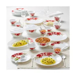 Larah by Borosil Rose Red Silk Series Opalware 47 Pieces Dinner Set 