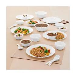 Larah by Borosil Plain White Silk Series Opalware Dinner Set | 27 Pieces for Family of 6 | Microwave & Dishwasher Safe |