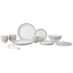 Larah by Borosil Elega Fluted Series Opalware Dinner Set | 40 Pieces for Family of 6 | Microwave & Dishwasher Safe | Bon