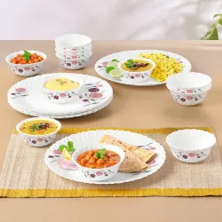 Larah by Borosil Pack of 18 Opalware Dinner Set (Pink, Microwave Safe)