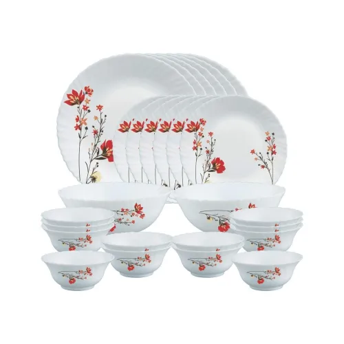 Image of Larah by Borosil Chrys Red Opalware Dinner Set, 28 Pcs