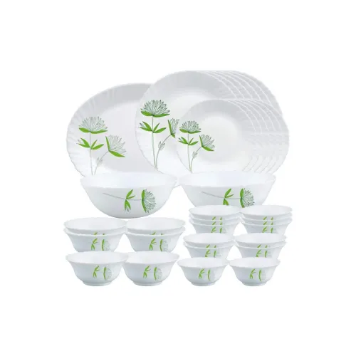Image of Larah by Borosil Green Lily Opalware Dinner Set, 33-Pieces, White