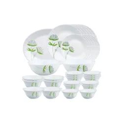 Larah by Borosil Green Lily Opalware Dinner Set, 33-Pieces, White