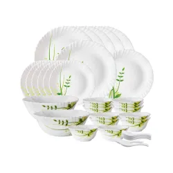 Larah by Borosil Green Herbs Opalware Dinner Set, 35 Pcs, White