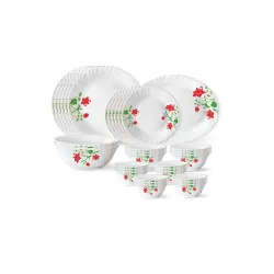 Larah by Borosil Hazel Fluted Series Opalware Dinner Set | 33 Pieces for Family of 6 | Microwave & Dishwasher Safe | Bon