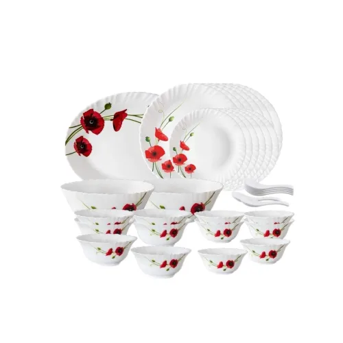 Image of Larah by Borosil Red Carnation Opalware Dinner Set (33-Pieces)