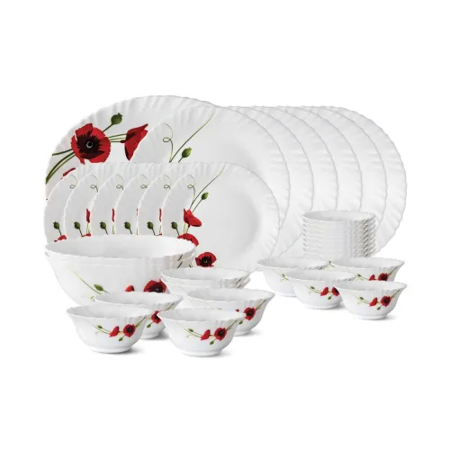 Image of Larah by Borosil Red Carnations Opalware Dinner Set