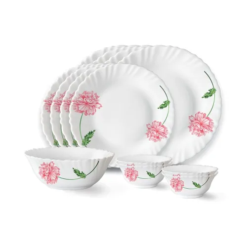 Image of Larah by Borosil Red Mist Fluted Series Opalware Dinner Set | 13 Pieces for Family of 4 | Microwave & Dishwasher Safe | 