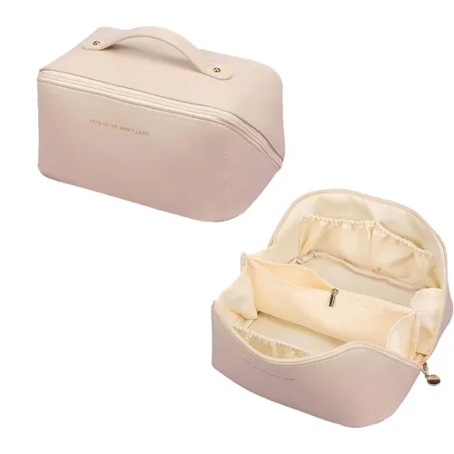 Image of Large Capacity Travel Cosmetic Bag, Leather Makeup Bag with Handle and Divider, Waterproof Cosmetic Bag, Portable Leathe