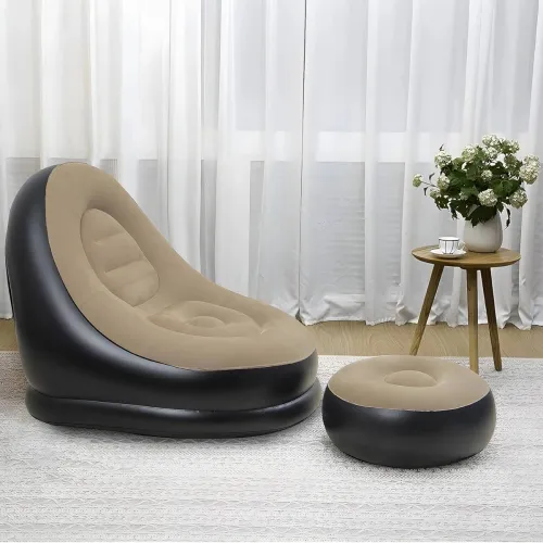 Image of LastN Inflatable 2-Seater Air Sofa with Footstool (Black & Beige)