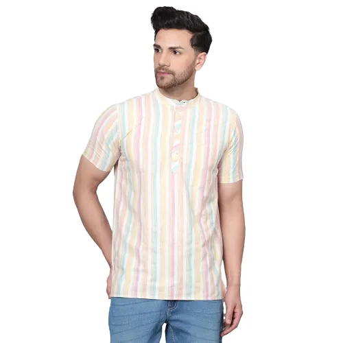 Image of LATEST CHIKAN Men's Cotton Regular Casual Strped Short Kurta
