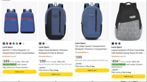 Image of Lavie's Sport Sprinter Backpacks Starting Price ₹389