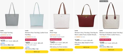 Image of lavie women's Tote Hand Bags starting @ ₹439 (upto 88% off )