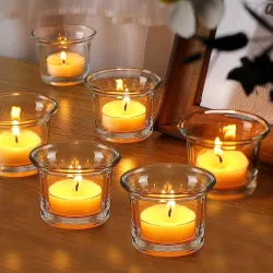 Lavish 6 Piece Glass Votive Tealight Candle Holders Set Clear Decorative Centerpiece for Dining Table Home Decor Living Room Bedroom Wedding Anniversary Birthday Gifts 6.3 x 4.5 cm