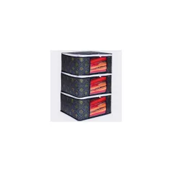 LAXIS® Saree Organiser for Wardrobe, Foldable Royal Print Saree Covers for Storage Set with Clear Window & Zipper, (Golden-Navy blue, Pack of 3)