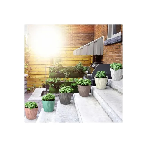 Image of Leafly Plastic Round Flower Pots with Drainage Hole Saucers | Durable Outdoor Indoor Wave Pattern Planters with Tray | P
