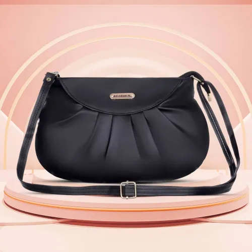 Image of Leather Black, Clear Women Sling Bag Half Moon sling in Coal Black