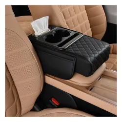 Leather Car Armrest Cushion with Dual Cup Holders 
