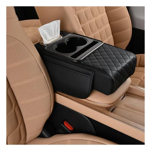 Image of Leather Car Armrest Cushion with Dual Cup Holders & Storage Box