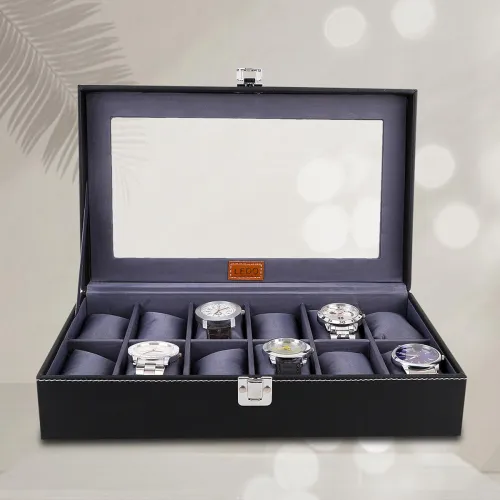 Image of LEDO Men's and Women's Watch Box Holder Organizer Case In 12 Slots of watches In PU Leather with Black & Gray