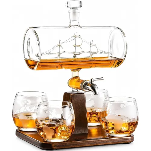 Image of LEOMORD Whiskey Decanter Globe Set with 4 Etched Whiskey Glasses