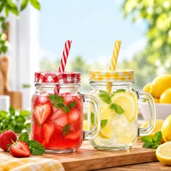 LEOSTICK Glass Mason Jar with Lid & Straw, Transparent 250ml, Set of 2