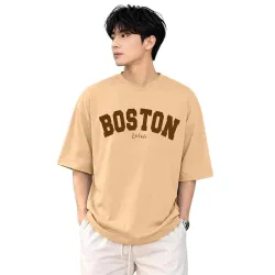 LEOTUDE Men's Oversized Loose Baggy Fit Drop Shoulder Round Neck Cool Front Chest Typographic Printed Half Sleeve T-Shirt for Men (Color : Navy)