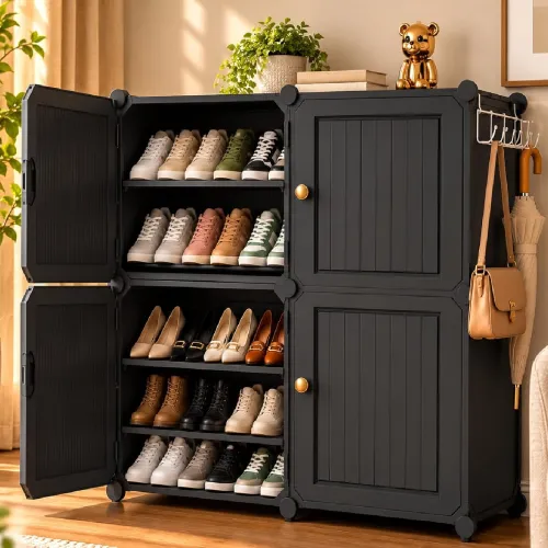 Image of LERIMO Plastic Shoe Rack with Door for Home | 8 Shelf, 4 Door DIY Shoe Cabinet
