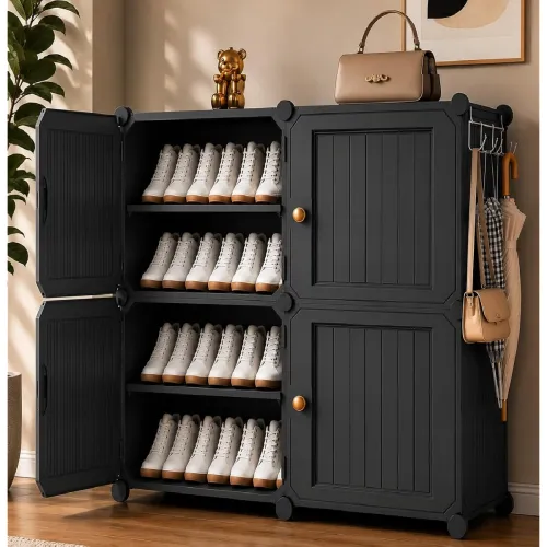 Image of Lerimo 8 Tier Plastic Foldable Modular Shoe Rack with Doors