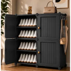 LERIMO 8 Tier Plastic Shoe Rack for Home with Doors | Foldable Modular Shoe Organizer | Dustproof & Waterproof Shoe Storage Rack | Space Saving Footwear Stand for Bedroom, Entryway (Grey, 4....