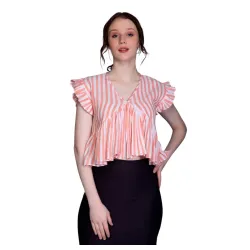 Leriya Fashion Women's Western Regular Fit Crop Tops | Fancy Stripped with Ruffle Sleeves | Button Down Lightweight Cotton for Girls | Suitable for College Office Casual Wear for Ladies