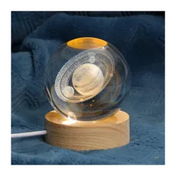 Lexton 3D Saturn Planet Design Decorative Light | 6 LED Lights, Modern Artificial 3D Crystal Ball Shaped with Wooden Bas