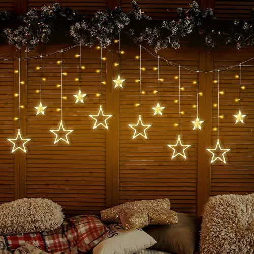 Image of Lexton Star Curtain Light | 6 Big Star 6 Small Star Light | with 8 Flashing Modes | 12 Stars | Warm White 
