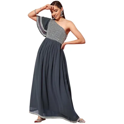 Image of Libas Womens Embroidered Georgette Gown Dress for Women