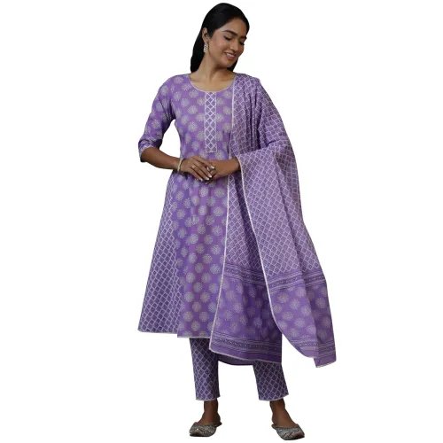 Image of Libas Womens Printed Cotton A-Line Kurta With Trousers and Dupatta