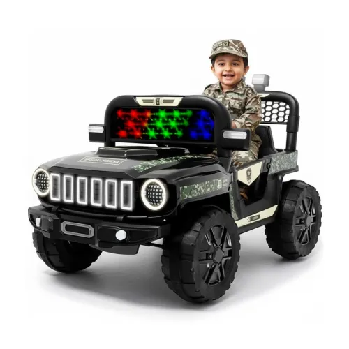 Image of Lifelong 12V Electric Ride-On Jeep Car for Kids | Remote Control, Bluetooth Music, LED Lights, Army Green | BIS Certifie