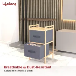 Lifelong 2-Drawer Fabric Storage Organizer Wooden Frame Side Table for Bedroom