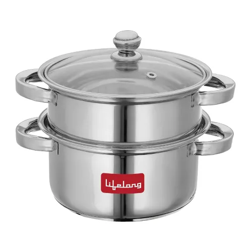 Image of Lifelong 2-Tier Steamer Modak Maker with Glass Lid & Riveted Handles