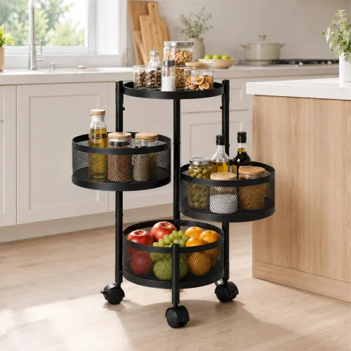 Image of Lifelong 3-Tier Multipurpose Organizer Cart with 360-Degree Rotating Wheels | Round Mesh Basket Trolley | Metal Storage 