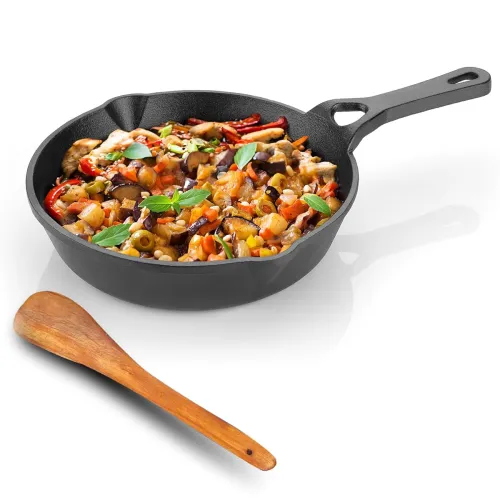 Image of Lifelong Cast Iron Fry Pan 8 Inch (200mm) with Wooden Spatula | 2Ltr, 1.75kg Pan | Non-Stick Pre-Seasoned 100% Toxin & T
