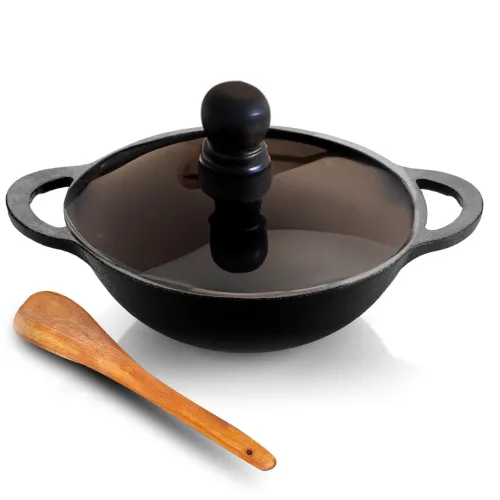 Image of Lifelong Cast Iron Kadhai 24cm with Glass Lid & Wooden Spatula 3.3L