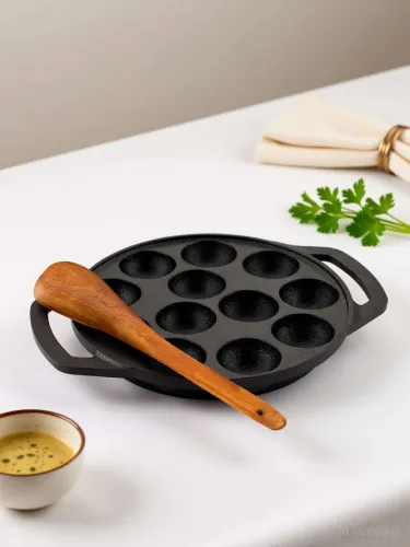 Image of Lifelong Pre-Seasoned Paniyaram Pan With Wooden Spatula, 12 Pits Naturally Non Stick Paniarakkal Pan 21 cm diameter 1 L 