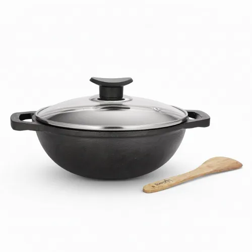 Image of Lifelong Cast Iron Kadhai 24cm with Glass Lid and Wooden Spator 3.3L