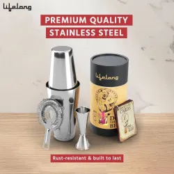 Lifelong Cocktail Shaker Set of 5 | Bar Shaker with Strainer and Japanese Jigger Bar Set (Stainless Steel)